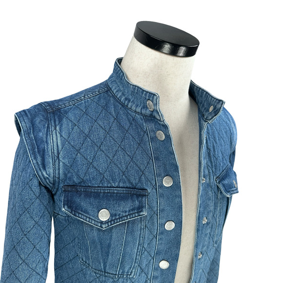 Veronica Beard Killian Quilted Denim Jacket Women Small Blue Pockets Snap Front - Picture 2 of 10